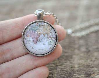 World Map Necklace, Antique Map Necklace, Globe Necklace, Wanderlust Necklace, Gypsy Jewelry