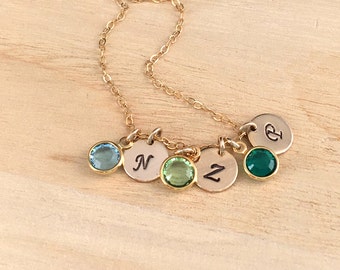 Personalized Mother Necklace Gold Initial Disc Necklace Jewelry, Birthstone Charm Necklace Mom Jewelry with 1-2-3-4 Birthstone Gift for Mom