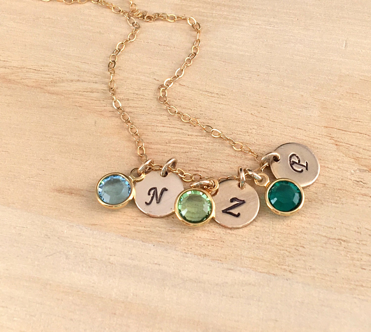 Birthstone Initial Necklace, Gold Filled Personalized Sterling Silver Necklace, Birthstone Crystal Necklace, Handstamped Disc Necklace,