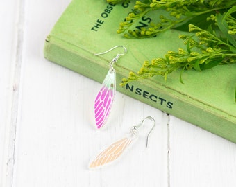 Iridescent Cicada Wing Earrings | Engraved Insect Wings