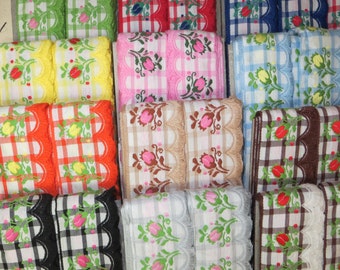 1.00 per yard YELLOW BLUE SCALLOP Trim Vintage Ribbon Cotton Rayon plaid Check Gingham Jacquard Millinery Hat French Curtain