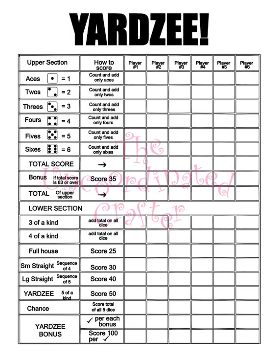 printable yardzee multi player score card file diy yardzee