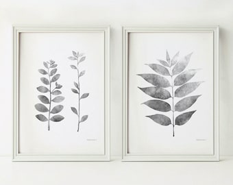 Grey leaves prints, Black and white Botanical prints, Grey wall decor Set of prints, 5x7 printable Set of 2 art prints, Grey decor, DIY art