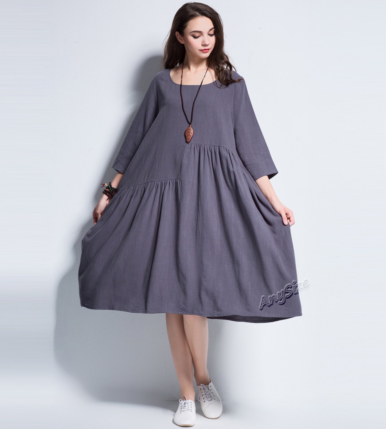 Anysize spring summer soft linen&cotton A-line dress plus size