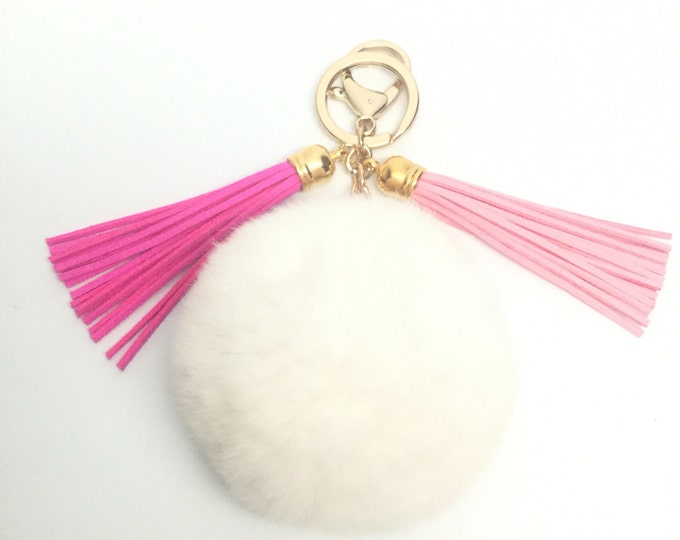 Fur pom pom keychain bag, purse pendant charm in crisp white with two 3.5 inch leather tassels