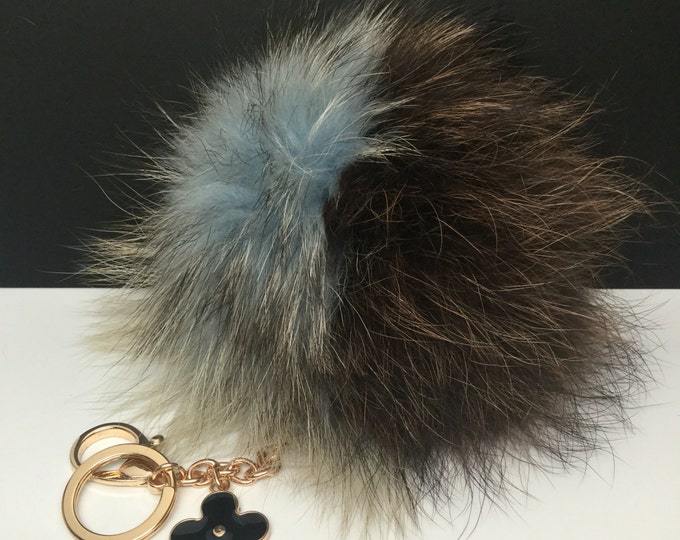 Light Blue And Brown Raccoon Fur Pom Pom bag charm clover flower charm Keychain fur puff ball totem
