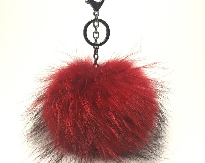 Extreme Red Gun Metal Raccoon Fur Pom Pom luxury bag pendant bag charm with natural black markings