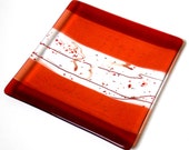 Coral and Orange Art Glass Plate with Stringer Accents, 8 Inch Square, Fused Glass Platter