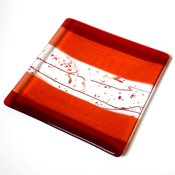 Coral and Orange Art Glass Plate with Stringer Accents, 8 Inch Square, Fused Glass Platter By Glass Artist Kellie of Resetar Glass Art