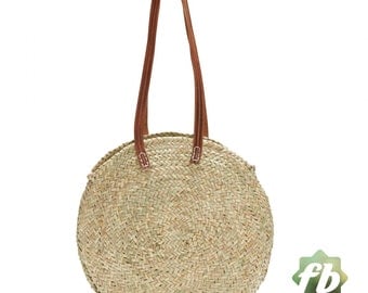 Round wicker basket long leather handle : French Basket, Moroccan Basket, straw bag, french market basket, Beach Bag, straw
