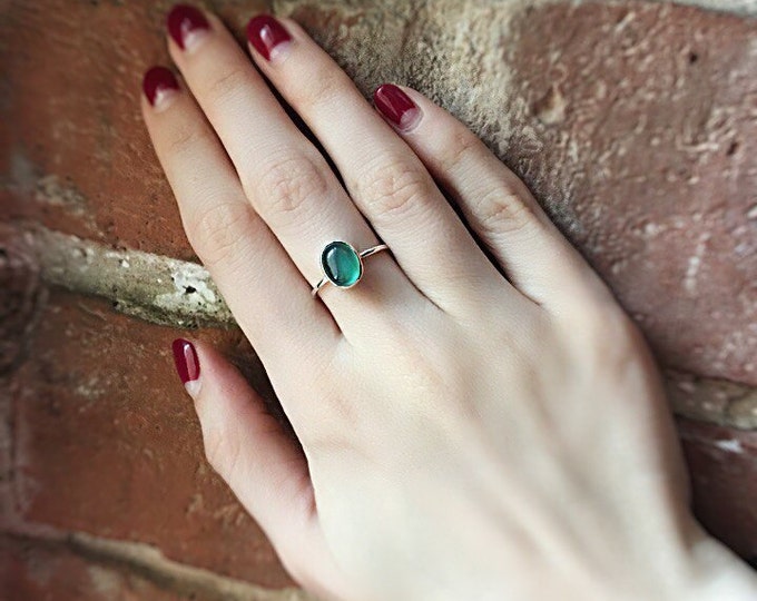 Green agate silver Ring Natural green Stone May Birthstone Simple Minimalist Engagement Gemstone Jewelry Stacking Yellow Solid Gold Ring