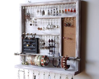 Jewelry organizer. earrings holder. jewelery rack necklace holder. Distressed white display. wall mounted jewelry storage. MULTIPLE COLORS.