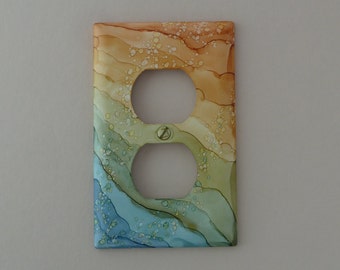 Colorful Waves, Blue, Green, Gold - Choose Your Size Outlet, Rocker, or Light Switch Cover, Painted with Alcohol Ink