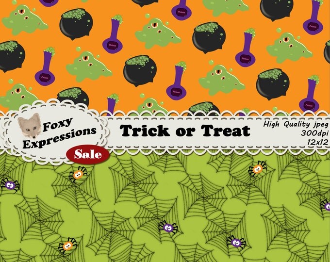 Trick or Treat Digital Paper pack comes with candy corn, ghosts, black cats, bats, monster eyes, spiders, webs, poison, cauldrons & the blob