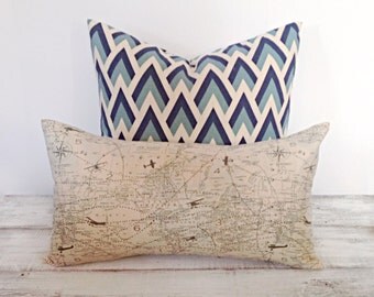 Vintage Aviator's Map Lumbar Pillow Cover 12" x 20", Decorative Accent Pillow, Home Decor