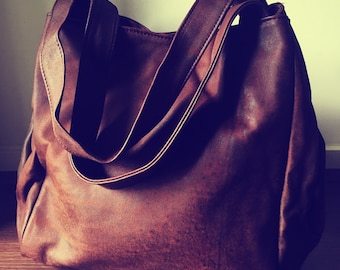 Extra Large genuine leather tote bag. Square shaped coffee coloured leather. Travel bag, handmade shoulder bag.Leather diaper bag,nappy bag