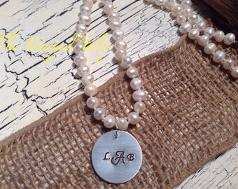 Pearl Monogrammed Necklace Hand Stamped Jewelry - Silver or Gold