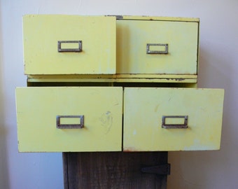 Steel File Cabinets, Matching Pair, Vintage 1950s Yellow Steel Side By Side Double Drawer File Cabinets, Industrial Furniture, Tables?