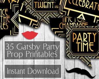35 1920s Party Props, Gatsby Printable photobooth props, art deco 1920s, prohibition era props, gold download photo booth twenties 20s party