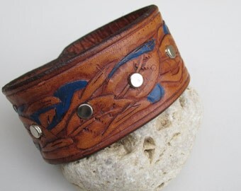 Leather Cuff, Repurposed, Upcycled Belt Cuff, Western Jewelry, Boho, Tooled Leather Cuff, Studded Leather Cuff