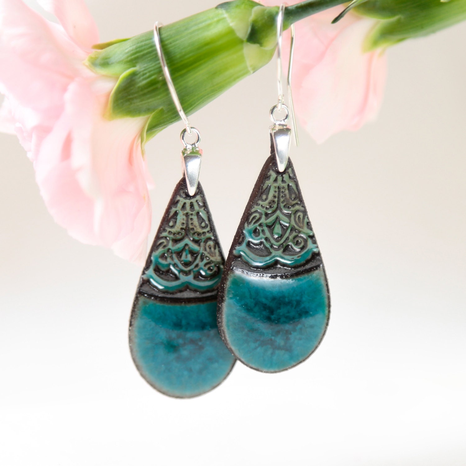 Turquoise dangle earrings Turquoise ceramic earrings on