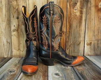 Vintage Tony Lama Cowgirl Boots, Black Leather with Teju Lizard Wingtips, Women's size 8