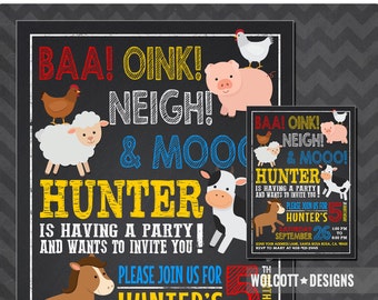 Barnyard birthday invitation, Farm birthday invitation, Farm animal birthday invite, Barnyard party invitation, chalkboard