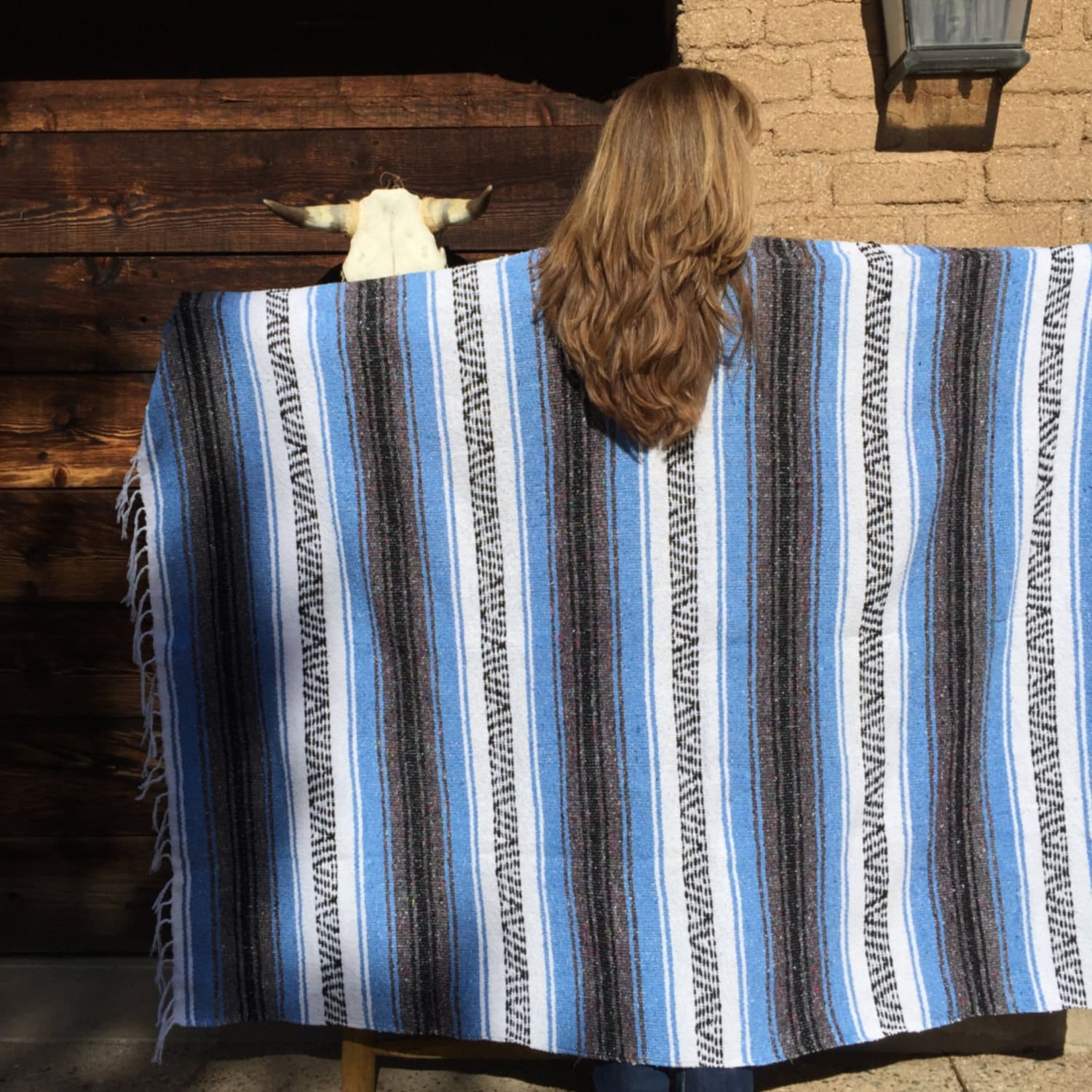 Mexican blanket baby blue stripes beach blanket by rustichacienda