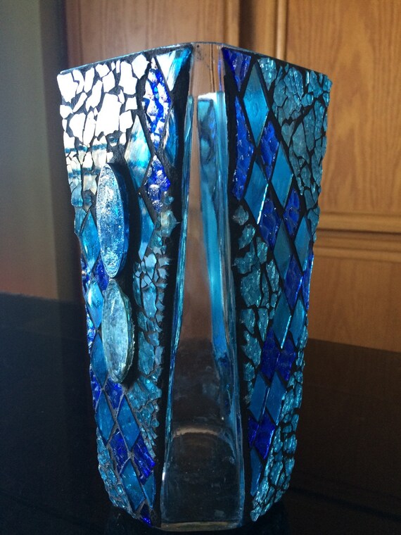 Blue alligator crackled glass candle holder