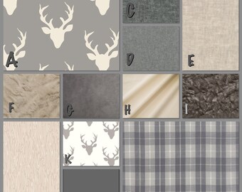 Rustic Baby Bedding-Grey, White, Tuape Plaids and Stags -Deer-Woodland Nursery-Crib Skirt, Minky Blanket - Baby or Toddler Bedding Sets