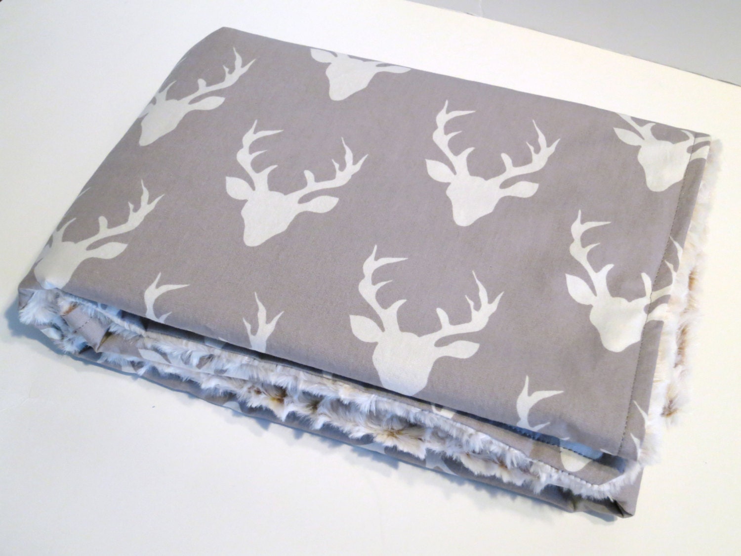Minky Baby Blanket Deer/Stag Head Grey and White/Cream