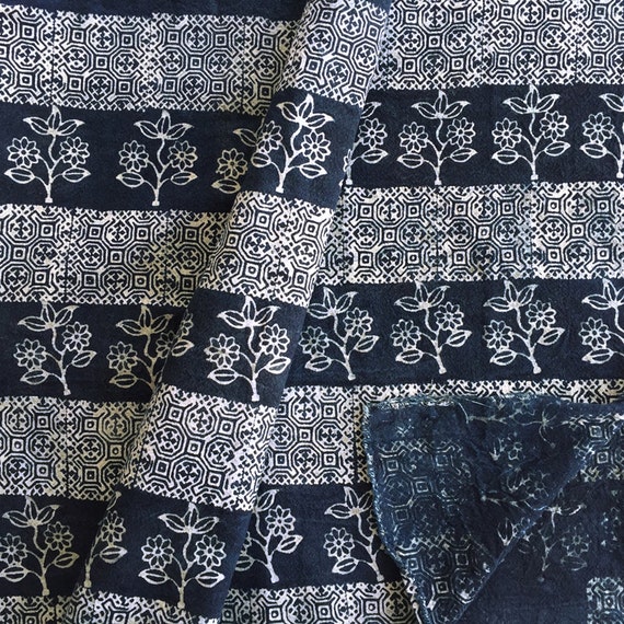 Hmong Indigo Batik Cotton with Flower Motif 2.48 metres 2.7