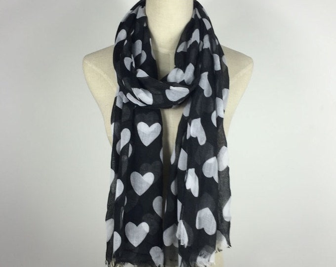 Christmas Gifts Black Scarf Heart Scarf Black White Scarf Black Shawl Gifts For Her Hearts Scarf Black Hearts Scarf Teen Scarf Fall Scarf