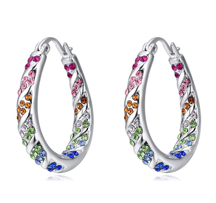 silver hoop earrings dangle and drop crystal by