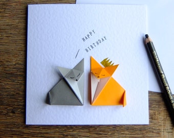 Origami Happy Birthday Orange Fox & Grey Fox Handmade Origami Birthday Card