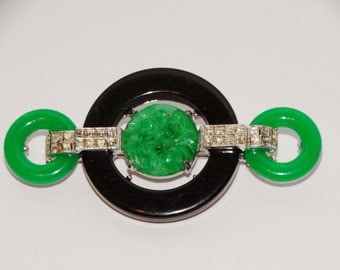 Vintage Kenneth Lane Art Deco Green, Black & Rhinestones Brooch.