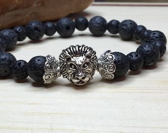 Dragon Veins Lava/Men Lion Bracelet/Black Lava Bracelet/Lion King Jewelry/Gift for Him/Lion Head King/Leo Symbole Bracelet/Astrological Lion