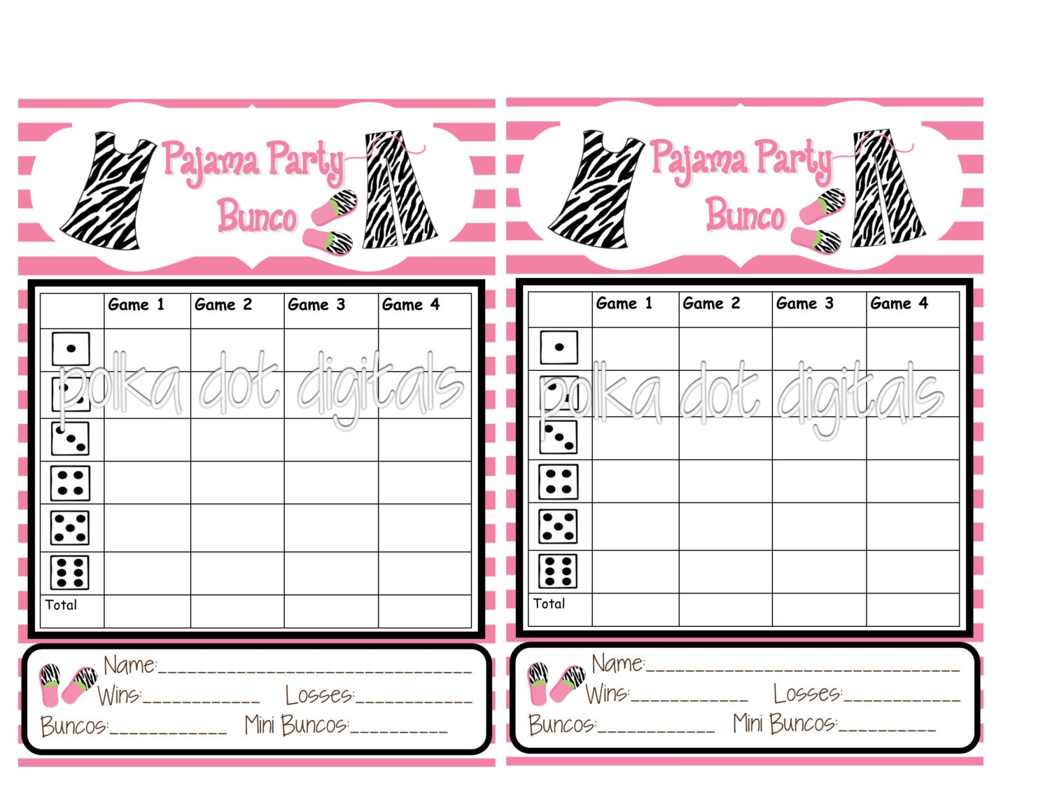 Buy 2 Get 1 Free PAJAMA PARTY BUNCO Set Score Card Sheet with