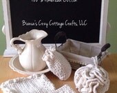 Cotton-SPA-Bath-Set, crochet spa set, loofah, soapsaver, washcloth and towel, 100 % American cotton in wired basket or seagrass, creme Cotton-SPA-Bath-Set, crochet spa set, loofah, soapsaver, washcloth and towel, 100 % American cotton in wired basket or seagrass, creme