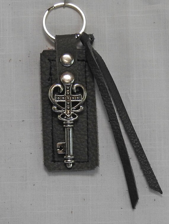 Goth Leather Keychain Metal Cross Leather Key Fob Handmade