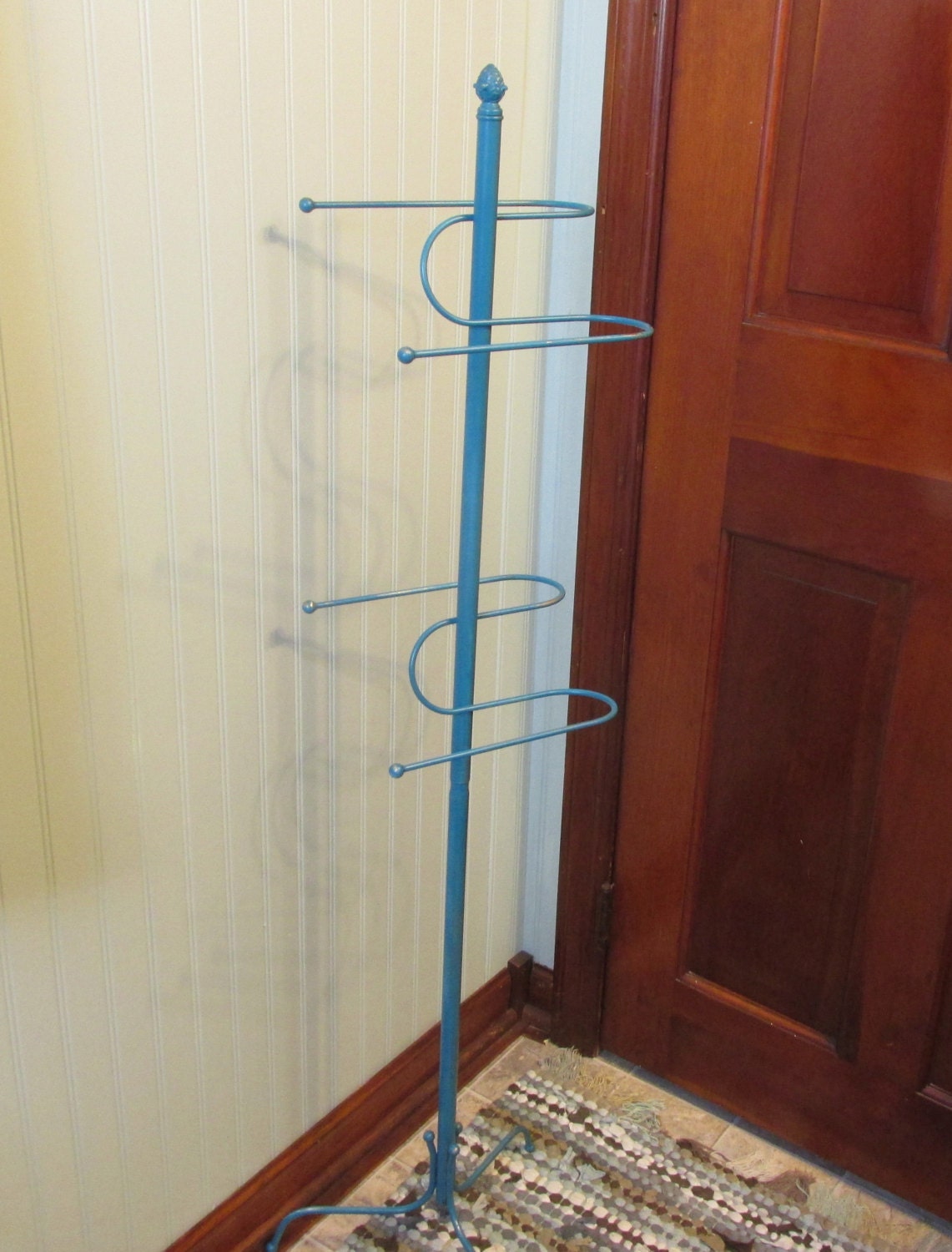 Vintage Brass Floor Standing Towel Rack Painted Turquoise