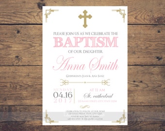Pink and gold Baptism invitation girl, baptism invitation printable, Christening Invitation, silver baptism invitation, Christening invites