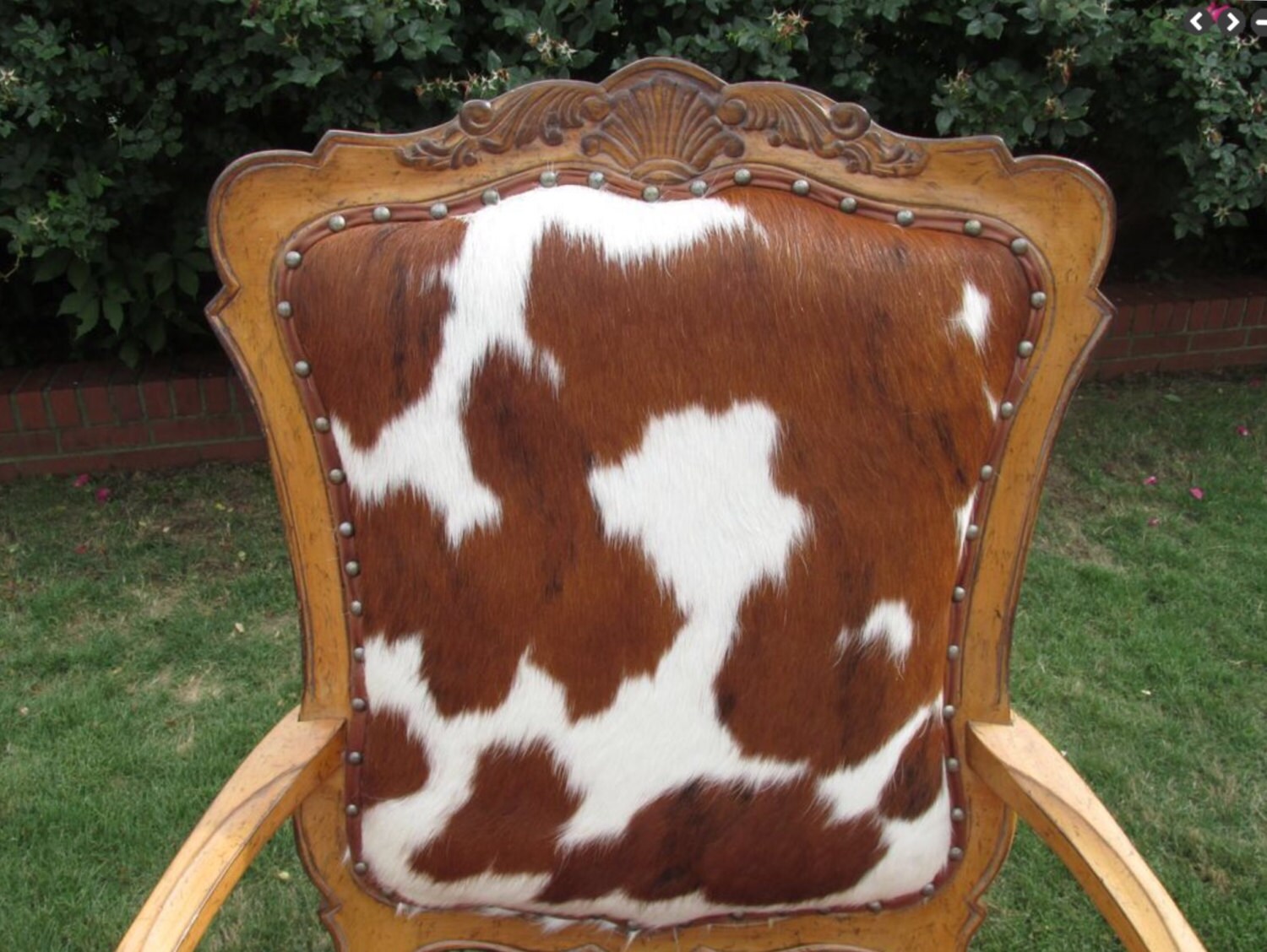 Cowhide Chairs Hair on Hide Accent Fire Side Chair PAIR Carved