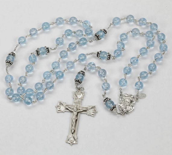 Blue Swiss Topaz Catholic Rosary Bali Sterling Silver Beads