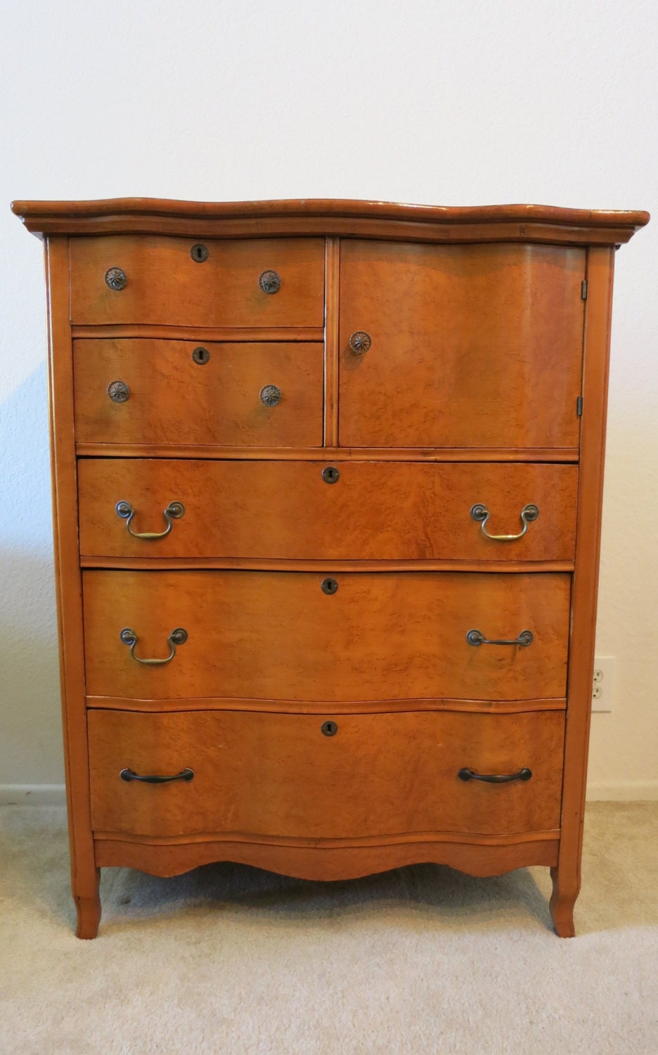 1800’s Antique Serpentine Bird’s Eye Maple Tall Dresser Haute Juice