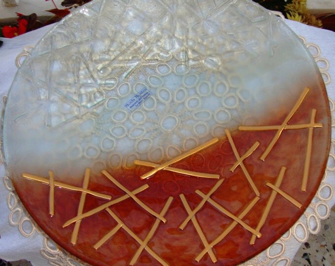 Crackeled Handmade Fused Glass Plate, Vintage Caramel & Clear Round Serving Platter, Decorative Plate, Housewarming Gift, Fused Glass Tray