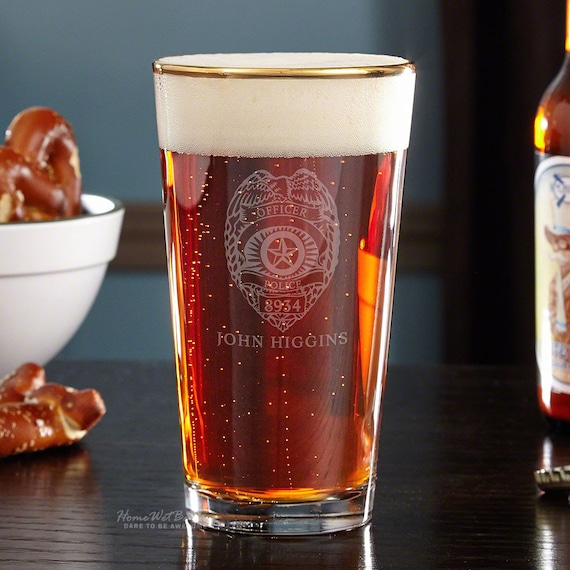 Gold Rim Personalized Beer Glass with Police Badge Engraving