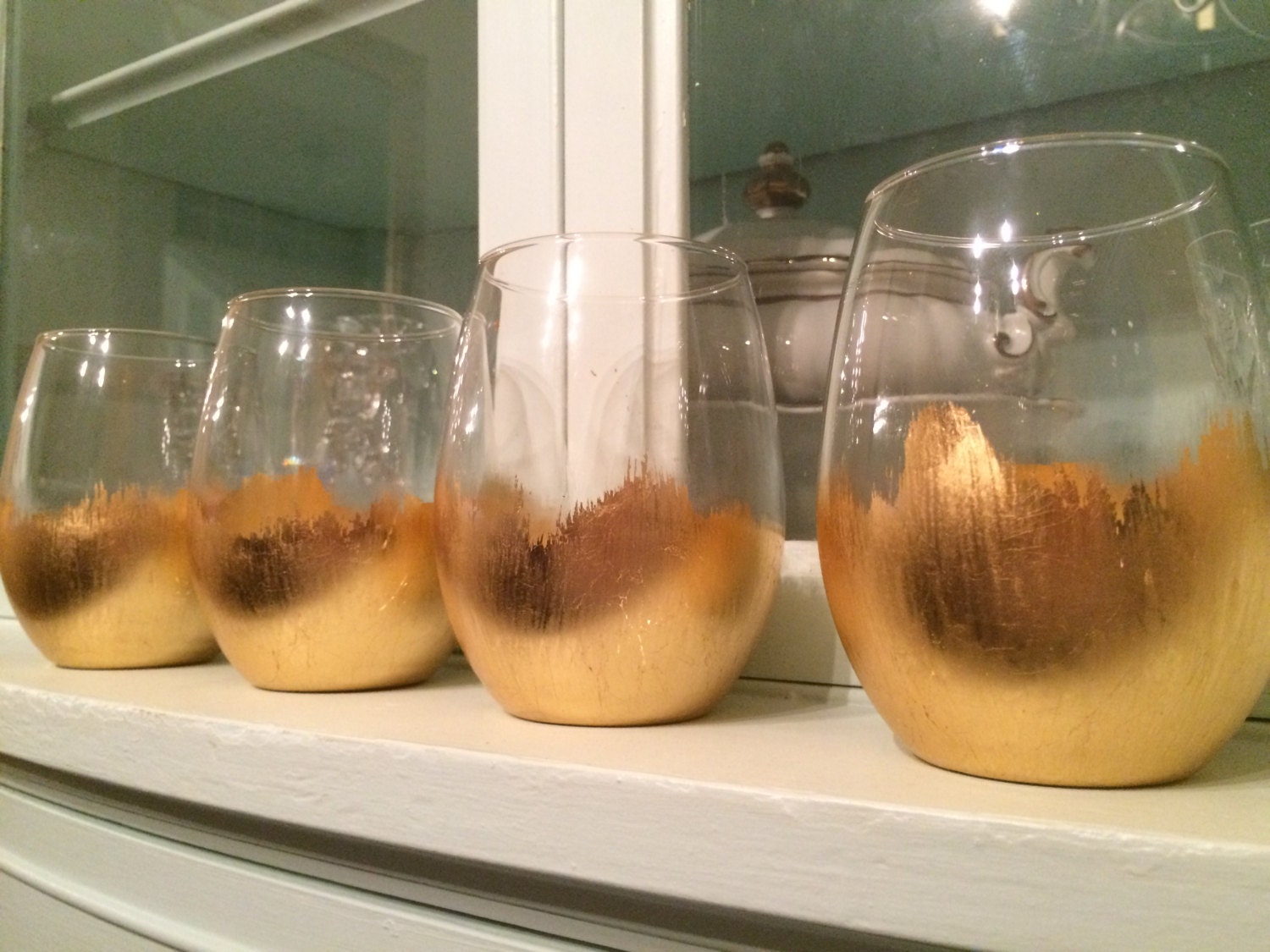 2 Gold Leaf Stemless Wine Glasses