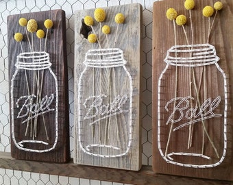 Mason Jar String Art, Reclaimed Wood, String Art Sign, Barn Wood Sign, Real Dried Flowers, Billy Balls