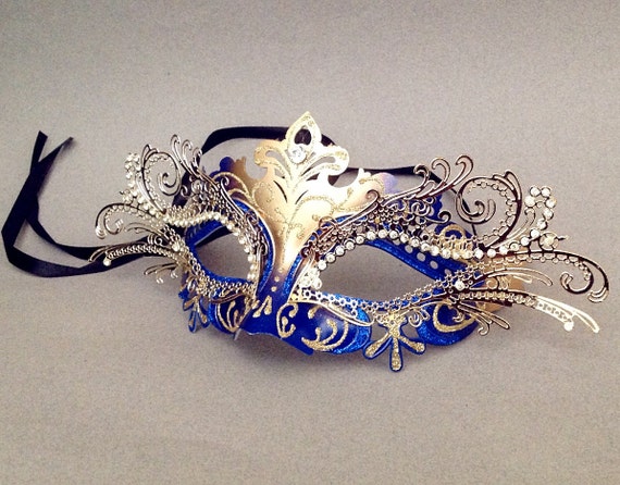 Royal Blue masquerade ball mask Laser cut metal Blue Gold Mask